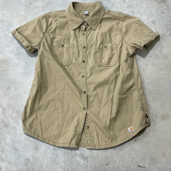 Carhartt Tops - Carhartt Womens Brown Duck Short Sleeve Top Blouse Button Down Size Medium 8-10